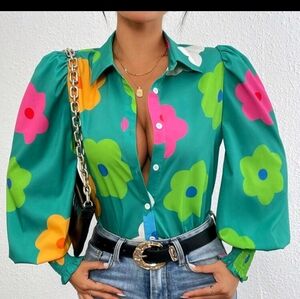 Floral Long Sleeve Green Blouse